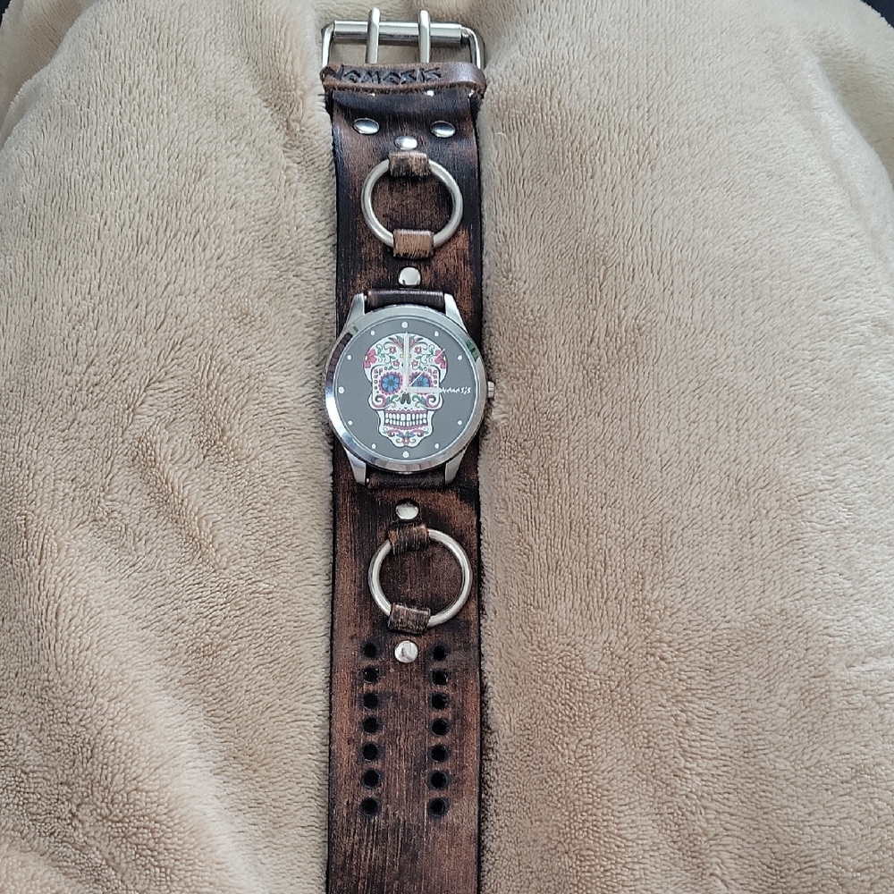 Nemesis Brown Leather Skull Watch
